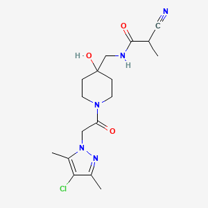 molecular formula C17H24ClN5O3 B7407800 N-[[1-[2-(4-chloro-3,5-dimethylpyrazol-1-yl)acetyl]-4-hydroxypiperidin-4-yl]methyl]-2-cyanopropanamide 