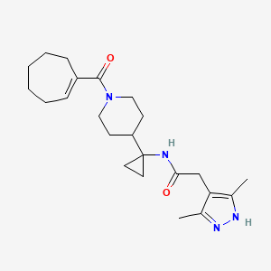 molecular formula C23H34N4O2 B7407955 N-[1-[1-(cycloheptene-1-carbonyl)piperidin-4-yl]cyclopropyl]-2-(3,5-dimethyl-1H-pyrazol-4-yl)acetamide 