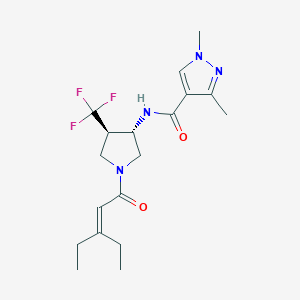 molecular formula C18H25F3N4O2 B7407996 N-[(3S,4R)-1-(3-ethylpent-2-enoyl)-4-(trifluoromethyl)pyrrolidin-3-yl]-1,3-dimethylpyrazole-4-carboxamide 