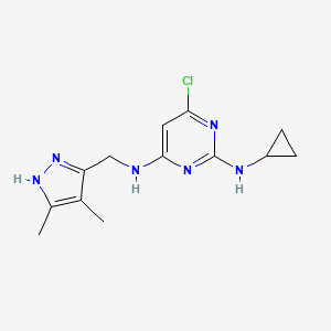 molecular formula C13H17ClN6 B7408342 6-chloro-2-N-cyclopropyl-4-N-[(4,5-dimethyl-1H-pyrazol-3-yl)methyl]pyrimidine-2,4-diamine 