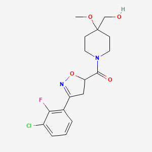 molecular formula C17H20ClFN2O4 B7409997 [3-(3-Chloro-2-fluorophenyl)-4,5-dihydro-1,2-oxazol-5-yl]-[4-(hydroxymethyl)-4-methoxypiperidin-1-yl]methanone 