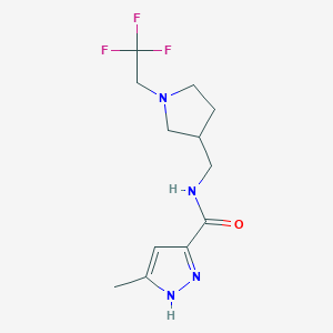 molecular formula C12H17F3N4O B7410957 5-methyl-N-[[1-(2,2,2-trifluoroethyl)pyrrolidin-3-yl]methyl]-1H-pyrazole-3-carboxamide 