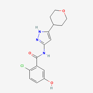 molecular formula C15H16ClN3O3 B7411855 2-chloro-5-hydroxy-N-[5-(oxan-4-yl)-1H-pyrazol-3-yl]benzamide 