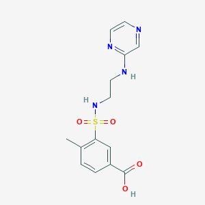 molecular formula C14H16N4O4S B7412269 4-Methyl-3-[2-(pyrazin-2-ylamino)ethylsulfamoyl]benzoic acid 