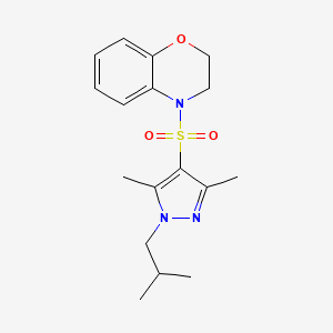 molecular formula C17H23N3O3S B7413331 4-[3,5-Dimethyl-1-(2-methylpropyl)pyrazol-4-yl]sulfonyl-2,3-dihydro-1,4-benzoxazine 