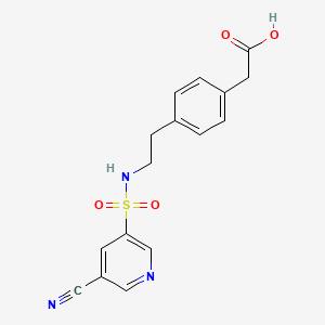 molecular formula C16H15N3O4S B7413604 2-[4-[2-[(5-Cyanopyridin-3-yl)sulfonylamino]ethyl]phenyl]acetic acid 