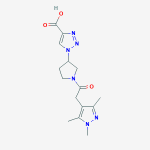 molecular formula C15H20N6O3 B7414953 1-[1-[2-(1,3,5-Trimethylpyrazol-4-yl)acetyl]pyrrolidin-3-yl]triazole-4-carboxylic acid 