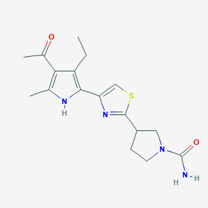 molecular formula C17H22N4O2S B7415319 3-[4-(4-acetyl-3-ethyl-5-methyl-1H-pyrrol-2-yl)-1,3-thiazol-2-yl]pyrrolidine-1-carboxamide 