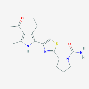 molecular formula C17H22N4O2S B7415323 2-[4-(4-acetyl-3-ethyl-5-methyl-1H-pyrrol-2-yl)-1,3-thiazol-2-yl]pyrrolidine-1-carboxamide 