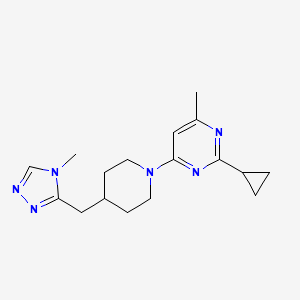 molecular formula C17H24N6 B7415893 2-Cyclopropyl-4-methyl-6-[4-[(4-methyl-1,2,4-triazol-3-yl)methyl]piperidin-1-yl]pyrimidine 