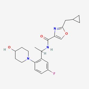 molecular formula C21H26FN3O3 B7419138 2-(cyclopropylmethyl)-N-[1-[5-fluoro-2-(4-hydroxypiperidin-1-yl)phenyl]ethyl]-1,3-oxazole-4-carboxamide 