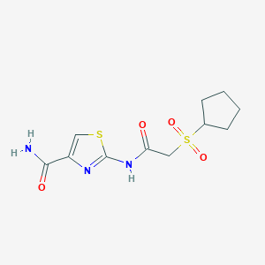 molecular formula C11H15N3O4S2 B7419264 2-[(2-Cyclopentylsulfonylacetyl)amino]-1,3-thiazole-4-carboxamide 