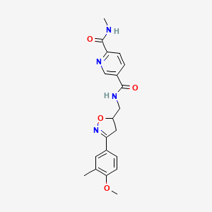 molecular formula C20H22N4O4 B7420433 5-N-[[3-(4-methoxy-3-methylphenyl)-4,5-dihydro-1,2-oxazol-5-yl]methyl]-2-N-methylpyridine-2,5-dicarboxamide 