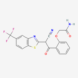 molecular formula C19H12F3N3O3S B7420657 2-[2-[2-Cyano-2-[5-(trifluoromethyl)-1,3-benzothiazol-2-yl]acetyl]phenoxy]acetamide 