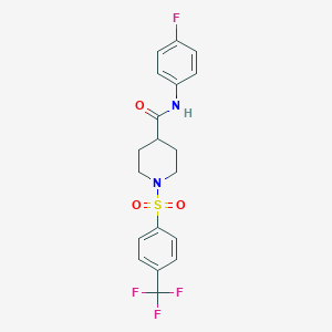 molecular formula C19H18F4N2O3S B7420671 N-(4-fluorophenyl)-1-[4-(trifluoromethyl)phenyl]sulfonylpiperidine-4-carboxamide 