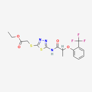 molecular formula C16H16F3N3O4S2 B7420889 Ethyl 2-[[5-[2-[2-(trifluoromethyl)phenoxy]propanoylamino]-1,3,4-thiadiazol-2-yl]sulfanyl]acetate 