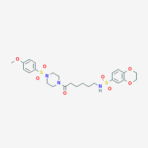 molecular formula C25H33N3O8S2 B7421100 N-[6-[4-(4-methoxyphenyl)sulfonylpiperazin-1-yl]-6-oxohexyl]-2,3-dihydro-1,4-benzodioxine-6-sulfonamide 