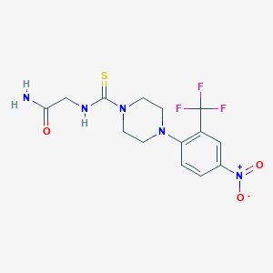 molecular formula C14H16F3N5O3S B7421169 2-[[4-[4-Nitro-2-(trifluoromethyl)phenyl]piperazine-1-carbothioyl]amino]acetamide 