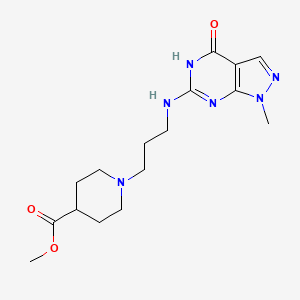 molecular formula C16H24N6O3 B7421870 methyl 1-[3-[(1-methyl-4-oxo-5H-pyrazolo[3,4-d]pyrimidin-6-yl)amino]propyl]piperidine-4-carboxylate 