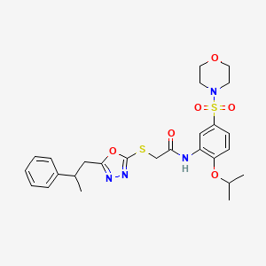 molecular formula C26H32N4O6S2 B7422199 N-(5-morpholin-4-ylsulfonyl-2-propan-2-yloxyphenyl)-2-[[5-(2-phenylpropyl)-1,3,4-oxadiazol-2-yl]sulfanyl]acetamide 