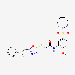 molecular formula C26H32N4O5S2 B7422207 N-[5-(azepan-1-ylsulfonyl)-2-methoxyphenyl]-2-[[5-(2-phenylpropyl)-1,3,4-oxadiazol-2-yl]sulfanyl]acetamide 