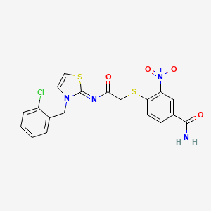 4-[2-[[3-[(2-Chlorophenyl)methyl]-1,3-thiazol-2-ylidene]amino]-2-oxoethyl]sulfanyl-3-nitrobenzamide