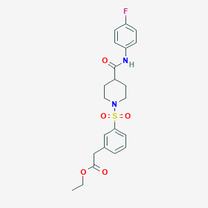 molecular formula C22H25FN2O5S B7422494 Ethyl 2-[3-[4-[(4-fluorophenyl)carbamoyl]piperidin-1-yl]sulfonylphenyl]acetate 