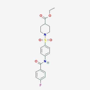 molecular formula C21H23FN2O5S B7422587 Ethyl 1-[4-[(4-fluorobenzoyl)amino]phenyl]sulfonylpiperidine-4-carboxylate 