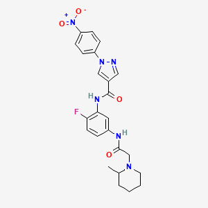 molecular formula C24H25FN6O4 B7422692 N-[2-fluoro-5-[[2-(2-methylpiperidin-1-yl)acetyl]amino]phenyl]-1-(4-nitrophenyl)pyrazole-4-carboxamide 