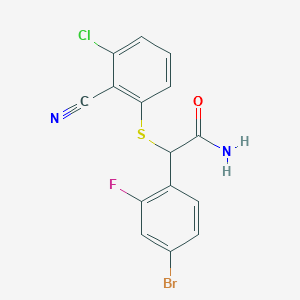 molecular formula C15H9BrClFN2OS B7422770 2-(4-Bromo-2-fluorophenyl)-2-(3-chloro-2-cyanophenyl)sulfanylacetamide 