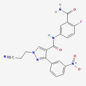 molecular formula C20H15FN6O4 B7423051 N-(3-carbamoyl-4-fluorophenyl)-1-(2-cyanoethyl)-3-(3-nitrophenyl)pyrazole-4-carboxamide 