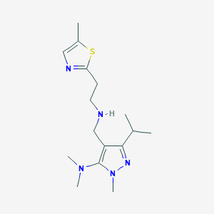 molecular formula C16H27N5S B7423759 N,N,2-trimethyl-4-[[2-(5-methyl-1,3-thiazol-2-yl)ethylamino]methyl]-5-propan-2-ylpyrazol-3-amine 