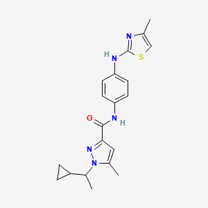 molecular formula C20H23N5OS B7423940 1-(1-cyclopropylethyl)-5-methyl-N-[4-[(4-methyl-1,3-thiazol-2-yl)amino]phenyl]pyrazole-3-carboxamide 