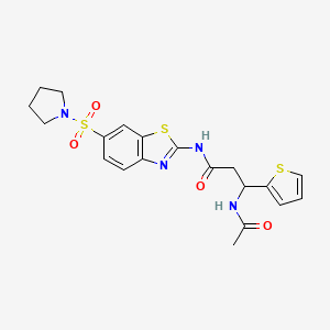 molecular formula C20H22N4O4S3 B7424671 3-acetamido-N-(6-pyrrolidin-1-ylsulfonyl-1,3-benzothiazol-2-yl)-3-thiophen-2-ylpropanamide 