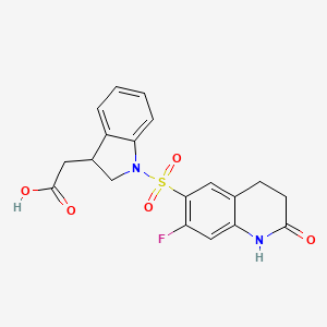 molecular formula C19H17FN2O5S B7425338 2-[1-[(7-fluoro-2-oxo-3,4-dihydro-1H-quinolin-6-yl)sulfonyl]-2,3-dihydroindol-3-yl]acetic acid 