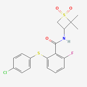 molecular formula C18H17ClFNO3S2 B7425374 2-(4-chlorophenyl)sulfanyl-N-(2,2-dimethyl-1,1-dioxothietan-3-yl)-6-fluorobenzamide 