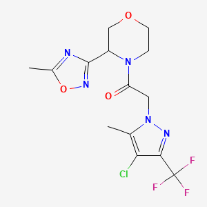 molecular formula C14H15ClF3N5O3 B7425758 2-[4-Chloro-5-methyl-3-(trifluoromethyl)pyrazol-1-yl]-1-[3-(5-methyl-1,2,4-oxadiazol-3-yl)morpholin-4-yl]ethanone 