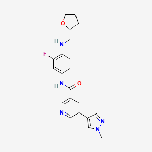 molecular formula C21H22FN5O2 B7425797 N-[3-fluoro-4-(oxolan-2-ylmethylamino)phenyl]-5-(1-methylpyrazol-4-yl)pyridine-3-carboxamide 