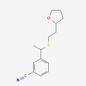 molecular formula C15H19NOS B7426465 3-[1-[2-(Oxolan-2-yl)ethylsulfanyl]ethyl]benzonitrile 