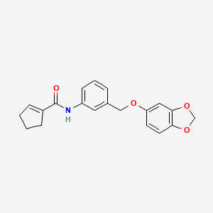 molecular formula C20H19NO4 B7426673 N-[3-(1,3-benzodioxol-5-yloxymethyl)phenyl]cyclopentene-1-carboxamide 