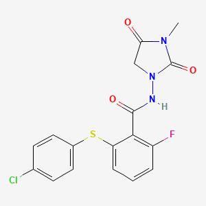 molecular formula C17H13ClFN3O3S B7428961 2-(4-chlorophenyl)sulfanyl-6-fluoro-N-(3-methyl-2,4-dioxoimidazolidin-1-yl)benzamide 