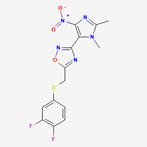 molecular formula C14H11F2N5O3S B7429201 5-[(3,4-Difluorophenyl)sulfanylmethyl]-3-(2,3-dimethyl-5-nitroimidazol-4-yl)-1,2,4-oxadiazole 