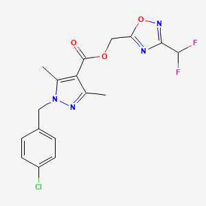 molecular formula C17H15ClF2N4O3 B7430088 [3-(Difluoromethyl)-1,2,4-oxadiazol-5-yl]methyl 1-[(4-chlorophenyl)methyl]-3,5-dimethylpyrazole-4-carboxylate 