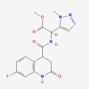 molecular formula C17H17FN4O4 B7430094 methyl 2-[(7-fluoro-2-oxo-3,4-dihydro-1H-quinoline-4-carbonyl)amino]-2-(2-methylpyrazol-3-yl)acetate 