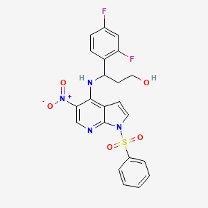 molecular formula C22H18F2N4O5S B7430957 3-[[1-(Benzenesulfonyl)-5-nitropyrrolo[2,3-b]pyridin-4-yl]amino]-3-(2,4-difluorophenyl)propan-1-ol 