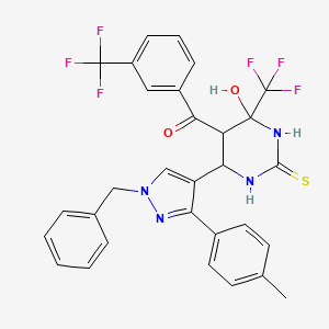 molecular formula C30H24F6N4O2S B7430992 [6-[1-Benzyl-3-(4-methylphenyl)pyrazol-4-yl]-4-hydroxy-2-sulfanylidene-4-(trifluoromethyl)-1,3-diazinan-5-yl]-[3-(trifluoromethyl)phenyl]methanone 