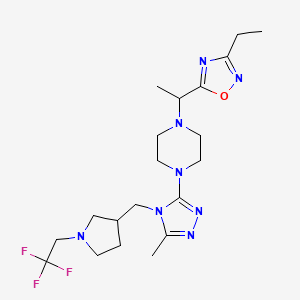 molecular formula C20H31F3N8O B7431323 3-Ethyl-5-[1-[4-[5-methyl-4-[[1-(2,2,2-trifluoroethyl)pyrrolidin-3-yl]methyl]-1,2,4-triazol-3-yl]piperazin-1-yl]ethyl]-1,2,4-oxadiazole 