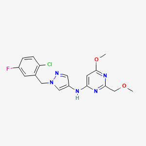 molecular formula C17H17ClFN5O2 B7431789 N-[1-[(2-chloro-5-fluorophenyl)methyl]pyrazol-4-yl]-6-methoxy-2-(methoxymethyl)pyrimidin-4-amine 