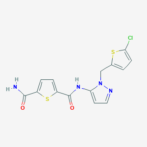 molecular formula C14H11ClN4O2S2 B7431840 2-N-[2-[(5-chlorothiophen-2-yl)methyl]pyrazol-3-yl]thiophene-2,5-dicarboxamide 