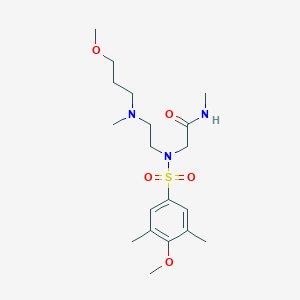 molecular formula C19H33N3O5S B7432072 2-[(4-methoxy-3,5-dimethylphenyl)sulfonyl-[2-[3-methoxypropyl(methyl)amino]ethyl]amino]-N-methylacetamide 